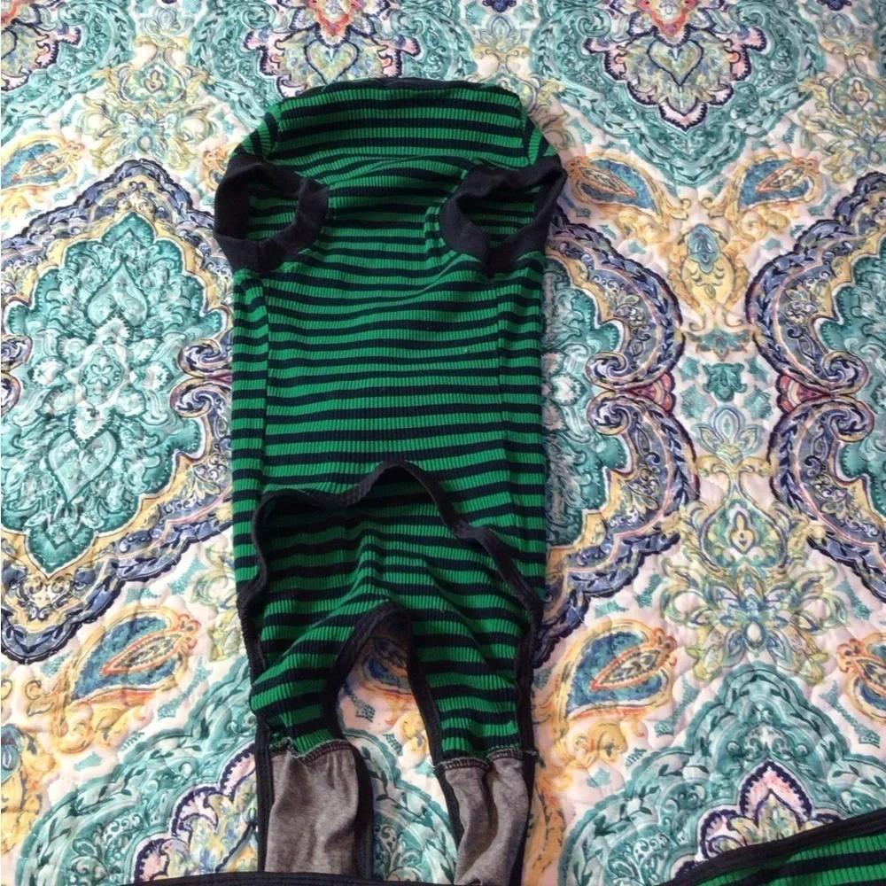 Striped Green and Black Dog recovery suit (0015)